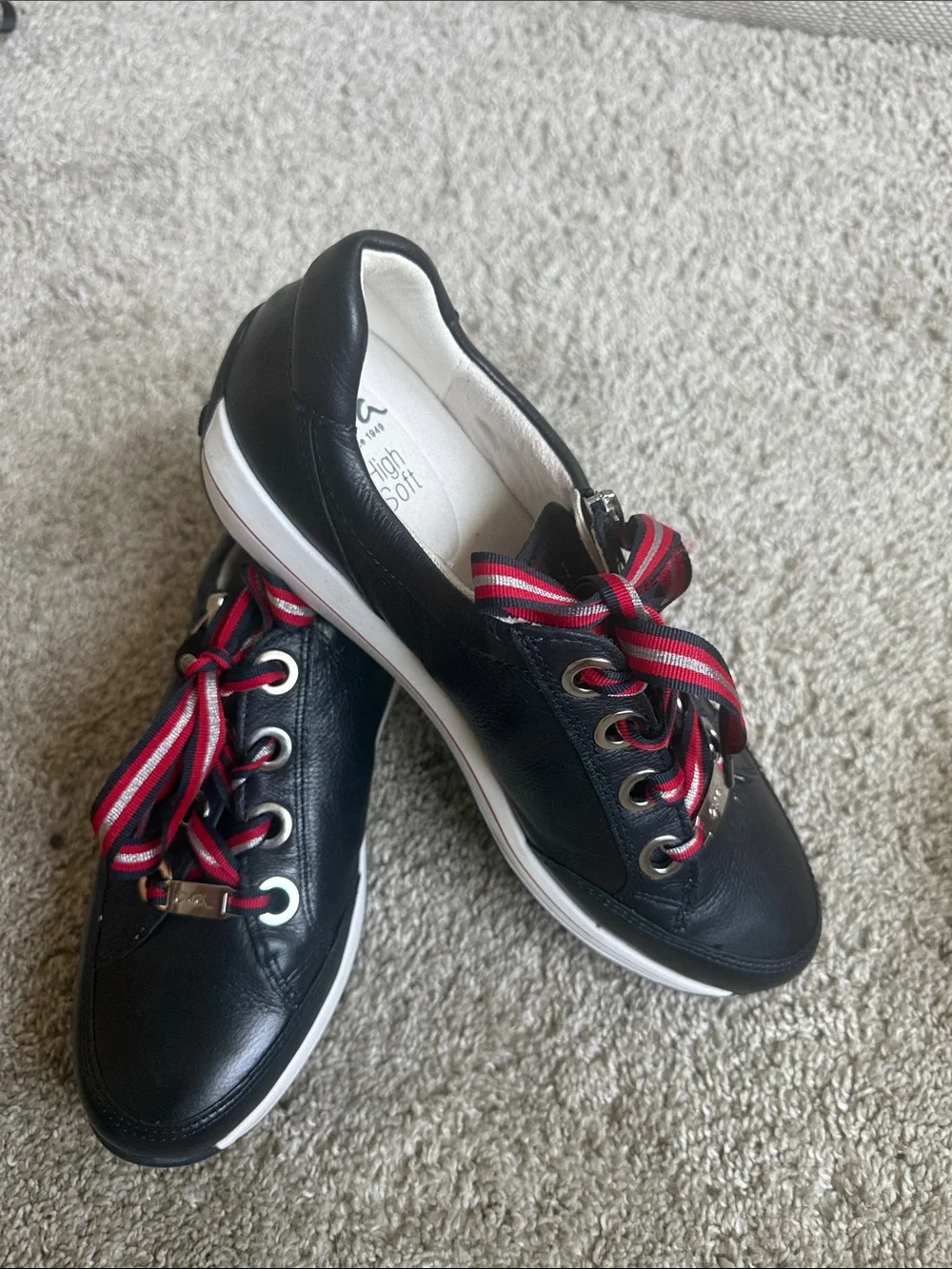Ara Black Leather Sneakers with Red Accent Laces